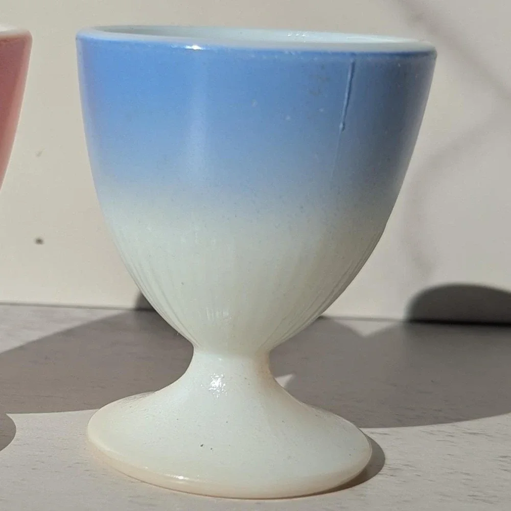 Vintage Egg Cup Blue Macbeth Evans UV Reactive Ribbed Milk Glass